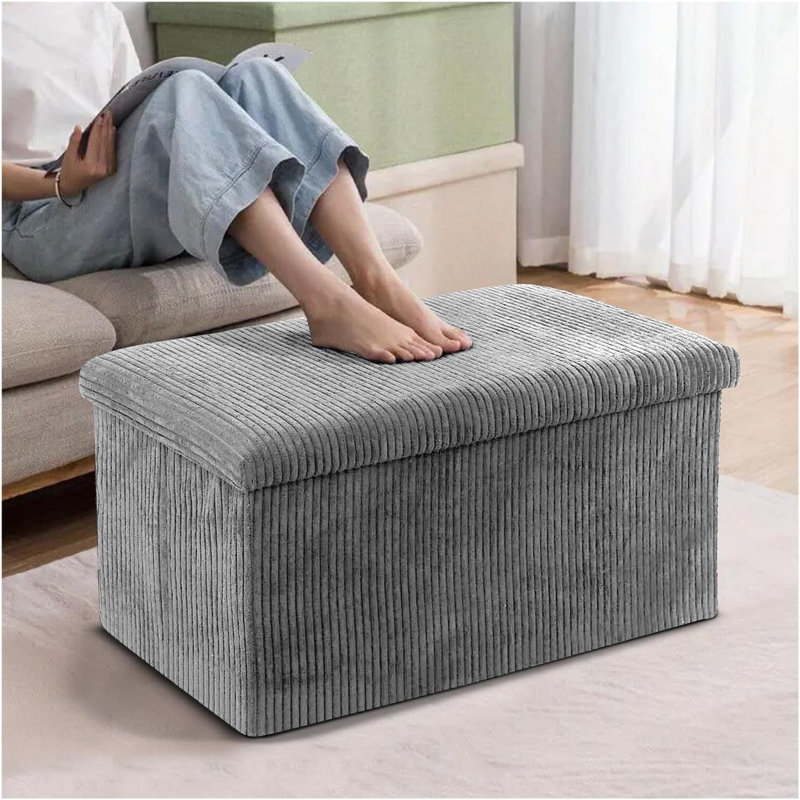 Foldable Ribbed Storage Ottoman Box with Lid, Multi-Purpose Hidden Storage Chest, Upholstered Seat and Footstool for Living Room or Bedroom