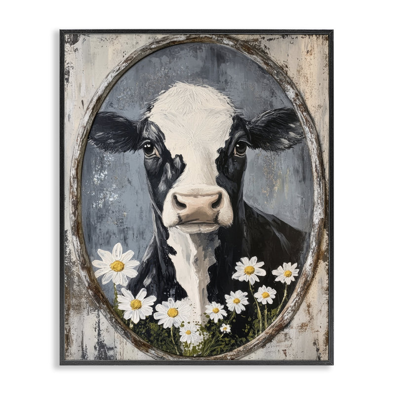 Portrait de vache patiné, estampe numérique, design par Petal Prints Design, Giclée encadrée noir minuit, H 30 po x l 24 po