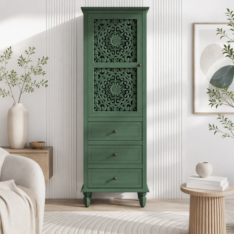 Armoire de rangement de style campagnard de 63 pouces avec porte sculptée, Vert antique