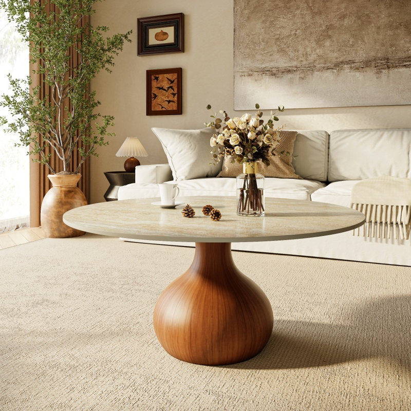 Table basse moderne en pierre naturelle de travertin 35,4 po avec texture fluide mat, centre de table de salle à manger de cuisine