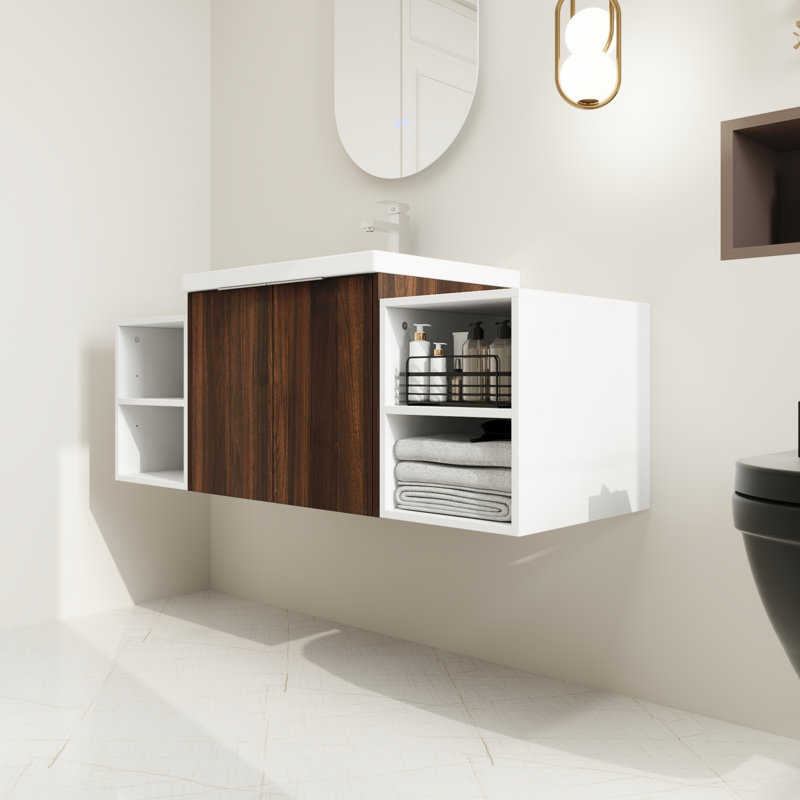 Ensemble de meuble-lavabo mural simple 48 po avec plateau en résine Jarmall, Brun