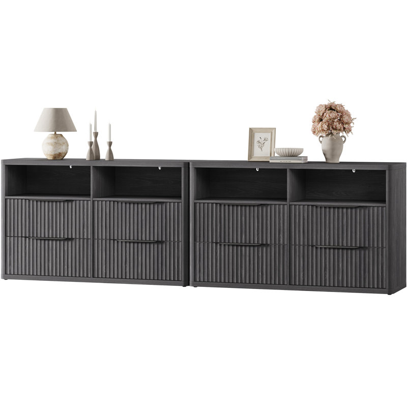  56.5"W Modern Fluted 4-Drawer Dresser With 2 Large Open Storage, Dark Gray Alder