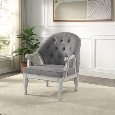 Gray Fabric Upholstered & Ideal For Relaxing Bedrooms Antique White Finish Chair