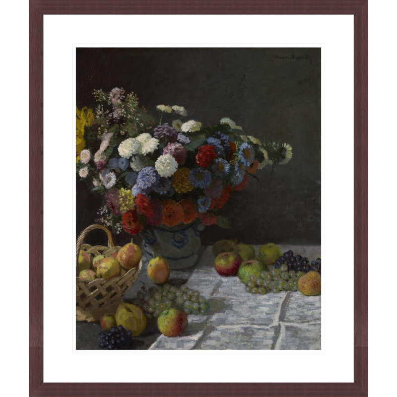 Nature morte avec fleurs et fruits par Claude Monet, impression giclée encadrée, H 27,46 po x l 23,5 po