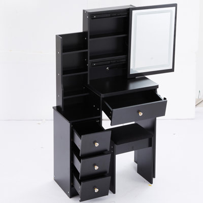 Work Desk Vanity With 2 Ac + - Large Touch Control Led Mirror, Switching, Cushioned Stool, Black , American Style Small Space- Table And Chair , Power Station, Touch-Control Sliding ,