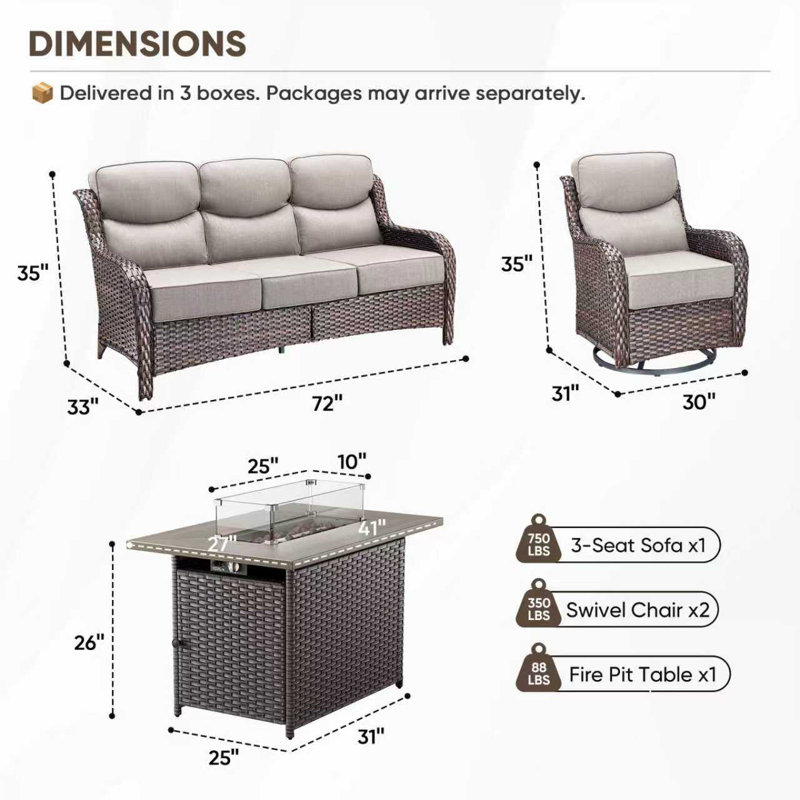 Heritage 4-Piece Outdoor Conversation Set With 3-Seat Sofa, 2 Swivel Gliders & Rectangle Fire Pit Table, 6" Thick All-Weather Cushions