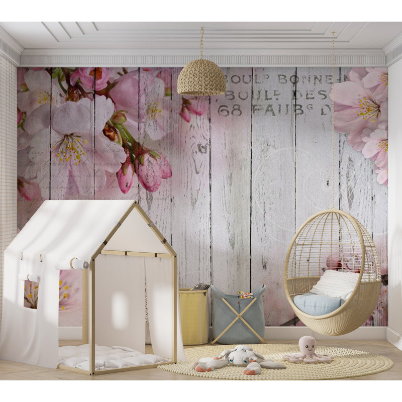 Murale florale pelez et collez - Fleurs de pommier sur bois rétro, L 55 po x l 77 po