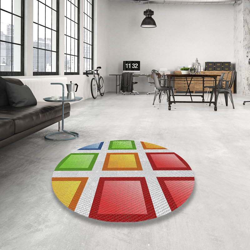 Tapis rouge/jaune/vert à motifs, Rond 4 pi