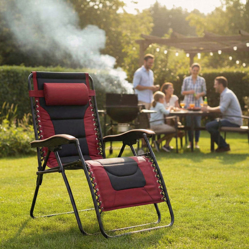 Oversized Padded Zero Gravity Chair with Locking System & Utility Tray, Black/Red