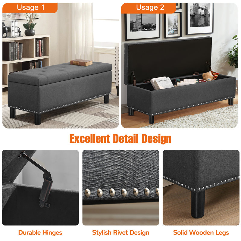 Upholstered Storage Bench, Linen Button-tufted End of Bed Bench for Living Room, Bedroom, Dark Gray