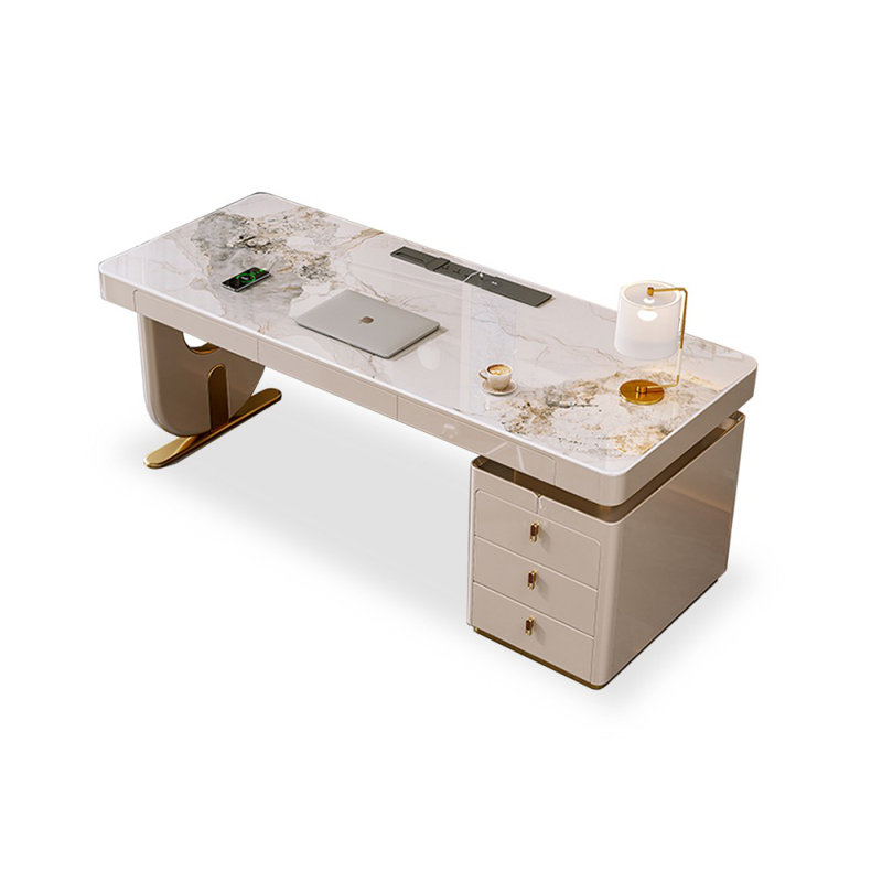 Bureau rectangulaire blanc en bois manufacturé avec 6 tiroirs, H 29,53 po x l 62,99 po x P 27,56 po