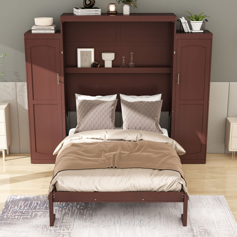 Lit escamotable en bois avec placards et rangement, Noyer, Grand