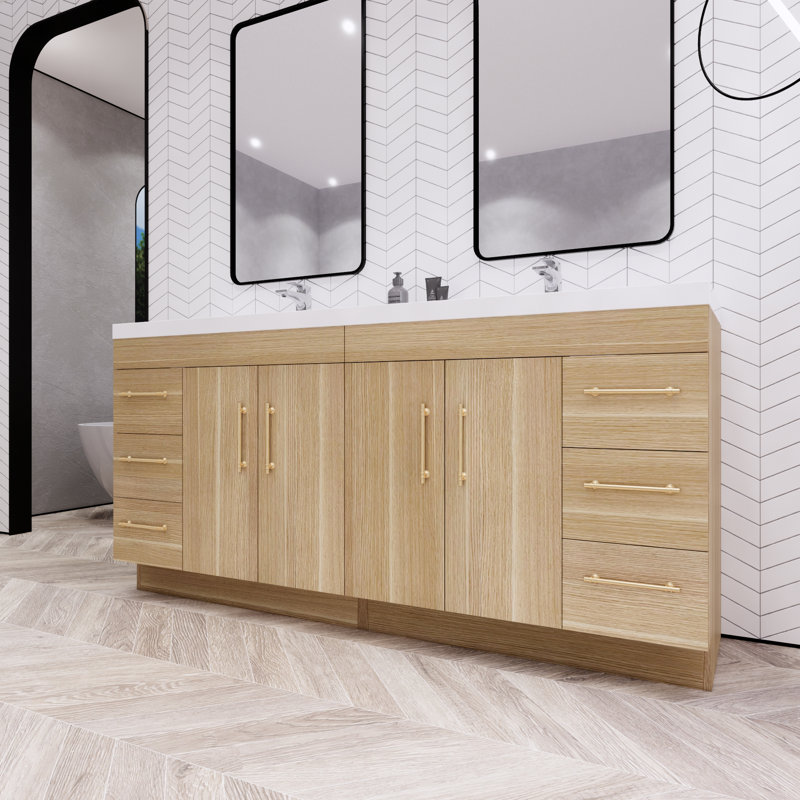 Meuble-lavabo sur pied avec lavabo en acrylique renforcé Verda, Chêne champagne