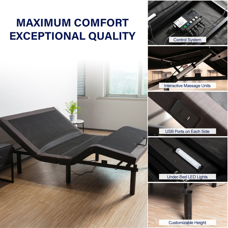 Queen Size Gray Upholstered Electric Adjustable Bed Frame with Wireless Remote