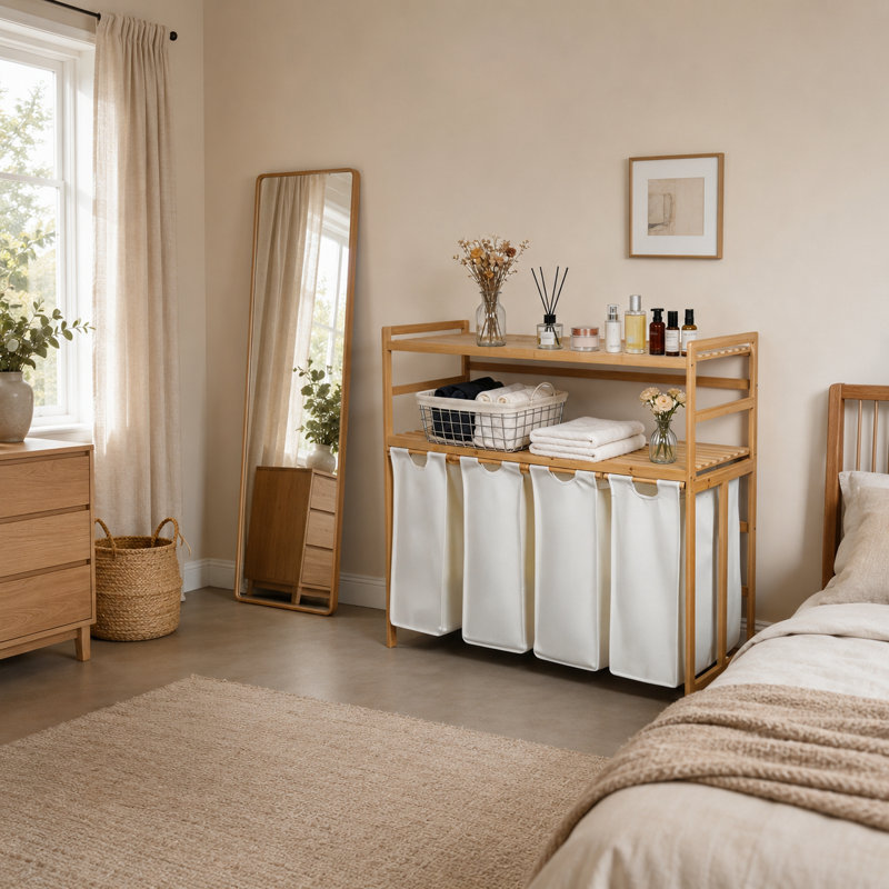 Rangement en bambou pour panier à linge, Blanc, 39.4" H  x 40.5" W x 16.3" D