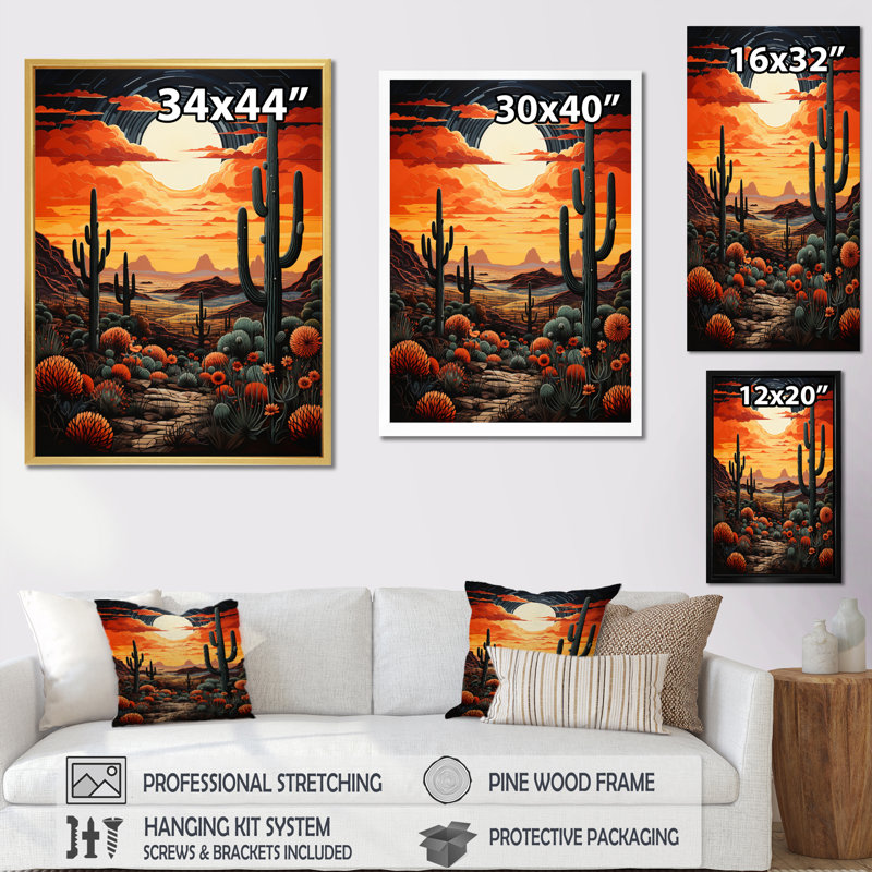 Ballyclare, orange, jaune, cactus, désert, coucher de soleil, Saguaro - Cactus, art mural encadré, H 32 po x l 16 po x P 1 po