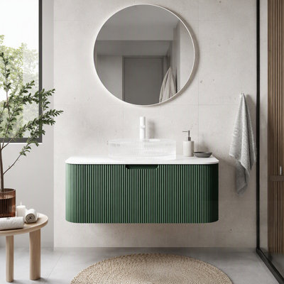 Meuble-lavabo flottant avec rebords arrondis, armoire en contreplaqué rayé, vasque en cristal transparent et plateau en pierre frittée, pré-assemblé