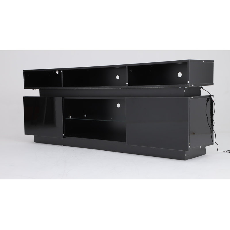 71'' TV Stand for TVs up to 80", Modern Tall High Gloss Entertainment Center with LED Lights, Power Outlets & Glass Shelf, Gaming Media Console for Living Room