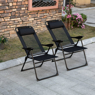 Ensemble de 2 chaises de patio pliantes Outsunny, chaise longue d'extérieur avec dossier réglable en toile, chaise de camping avec appui-tête amovible pour le jardin, la cour et la pelouse