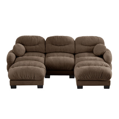 Pleated Design Cozy Chenille Fabric 3 Seater Modular Sofa with High-Density Ergonomic Foam Seat, U Shape Sectional Couch with 2 Ottomans, Curved Round Armrests and 2 Round Throw Pillows
