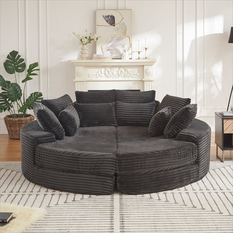 Fauteuil inclinable rond en velours côtelé de 78,5 pouces, convertible en deux fauteuils inclinables, canapé-lit 2 en 1, conception de coussin pour le cou avec cinq coussins décoratifs