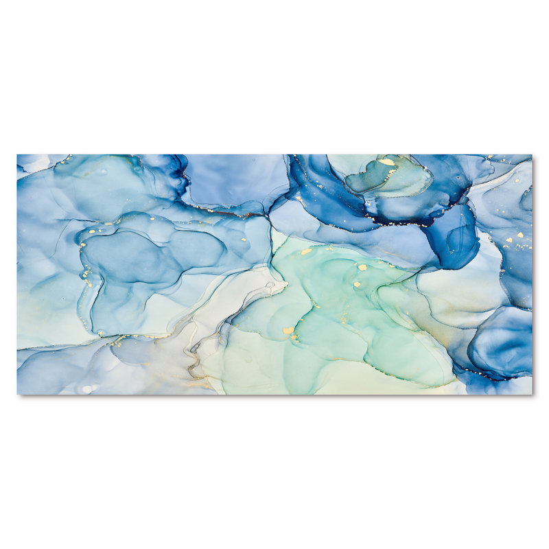 «Blue Luxury Abstract Fluid Art XXV», reproduction sur toile, Toile tendue, H 28 po x l 60 po