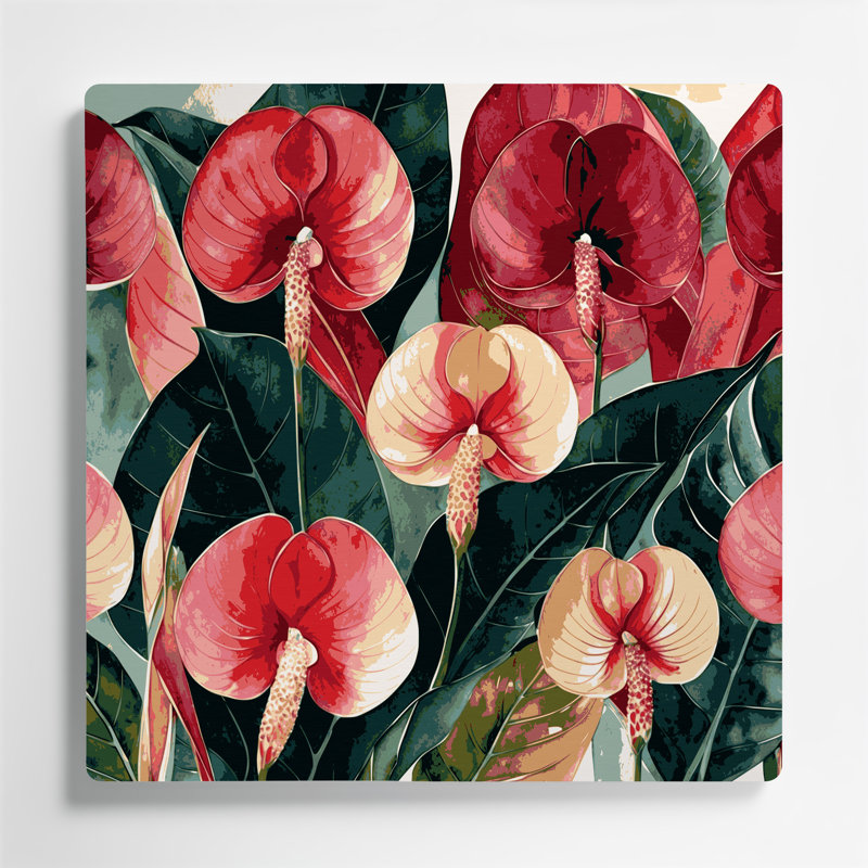 Art mural botanique en métal rouge Anthurium, H 12 po x l 12 po