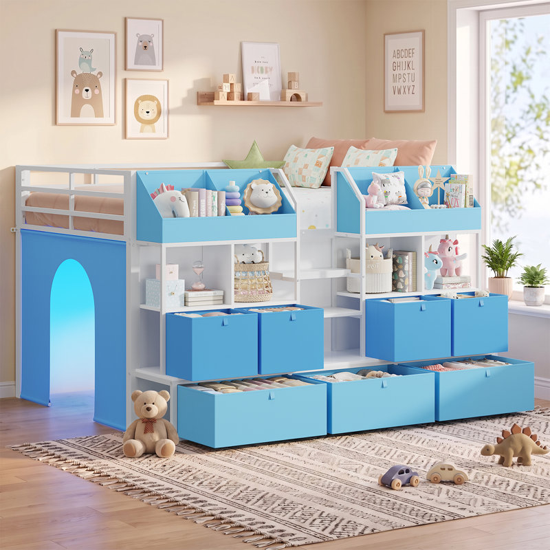 Lit mezzanine enfant simple avec tiroirs et étagères de rangement et coffres à jouets, lit capitaine plateforme en métal avec éclairage DEL et chargeur intégré