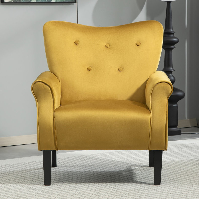 upholstery modern armchair with wood legs and wing back, Mustard Yellow Polyester