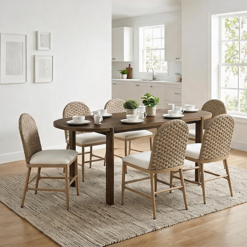 Ensemble de salle à manger ovale 7 pièces avec 6 chaises, table en bois d'hévéa massif, finition brune de 71 pouces, table de cuisine pour 6 personnes