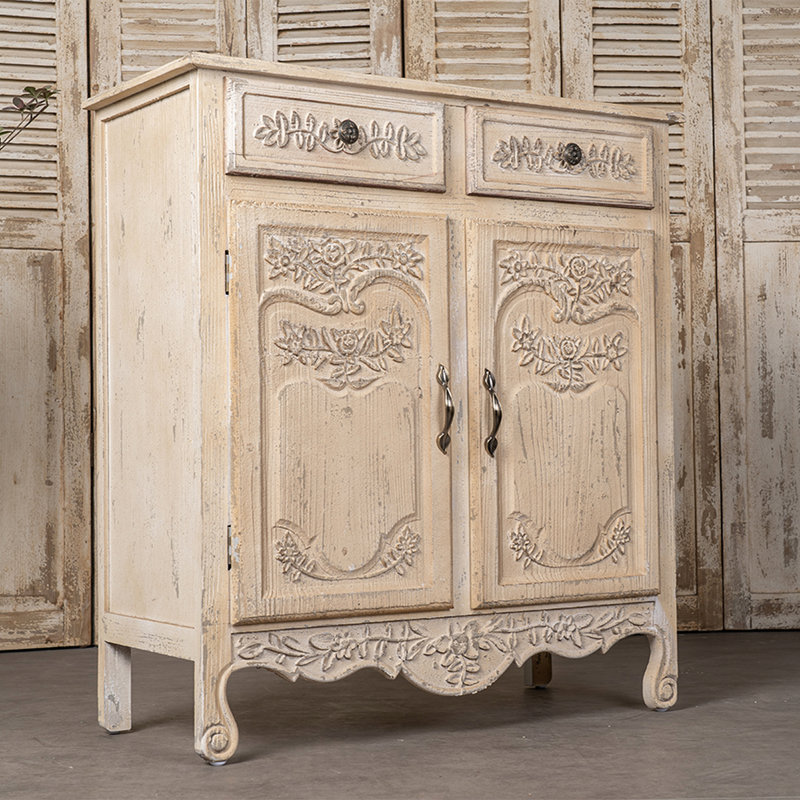 Armoire d'entrée en bois avec attrait rétro - 2 tiroirs et double porte, brun antique + blanc, blanc gracieux pour diverses pièces à finition laquée
