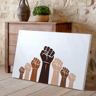 Toile une illustration vibrante et minimaliste mettant en vedette un groupe d'art surélevé poings dans divers tons de peau symbolisant l'unité et art mural sur toile