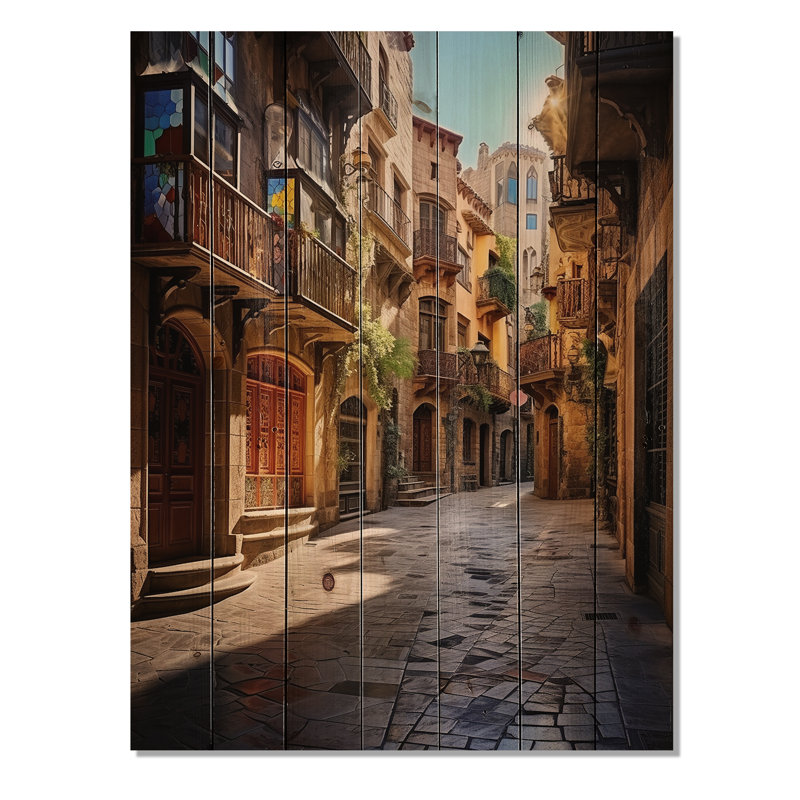 Espagne, quartier gothique de Barcelone, impression de paysages urbains sur bois de pin naturel