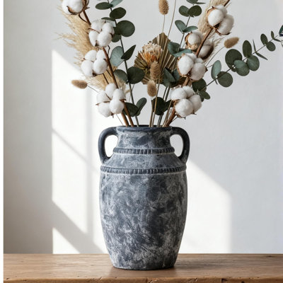 Farmhouse Rustic Ceramic Vase With Handles - 11 Inch Tall Textured Gray And White Terracotta Vase For Home Decor, Centerpieces, And Tabletop Display