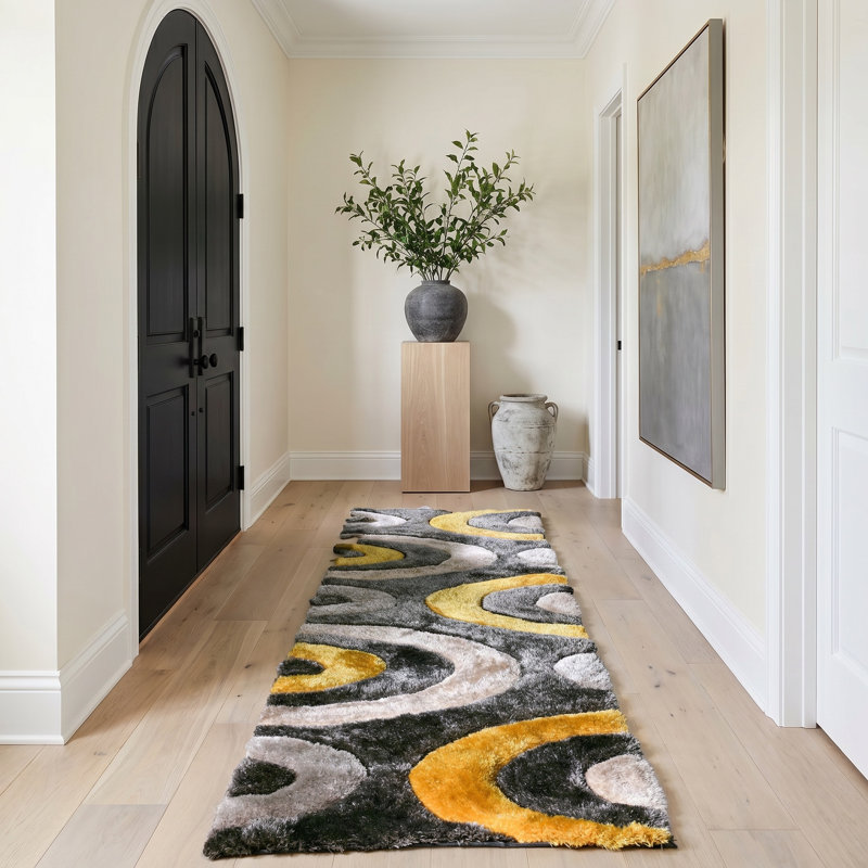 Tapis abstrait gris / jaune Thionville, Tapis de couloir 2 pi 4 po x 8 pi