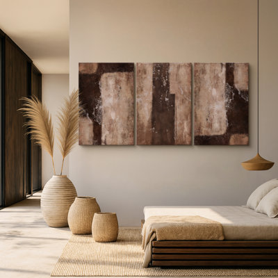 Vintage Industrial Brown Neutral Abstract Triptych – Pictures Extra Large Framed Canvas Print 3 Pieces Wall Art
