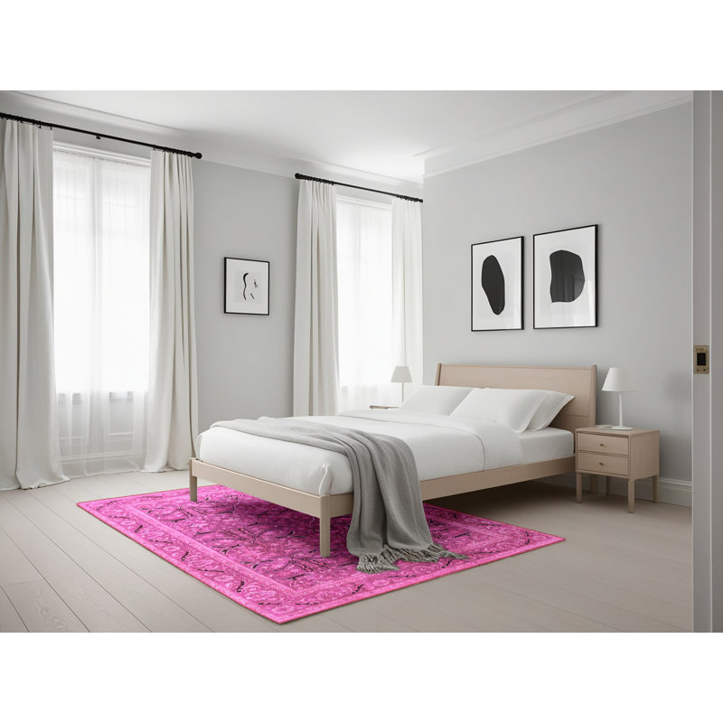 Tapis oriental en laine / polyester tissé à la machine en rose, Rectangle 5 pi x 7 pi