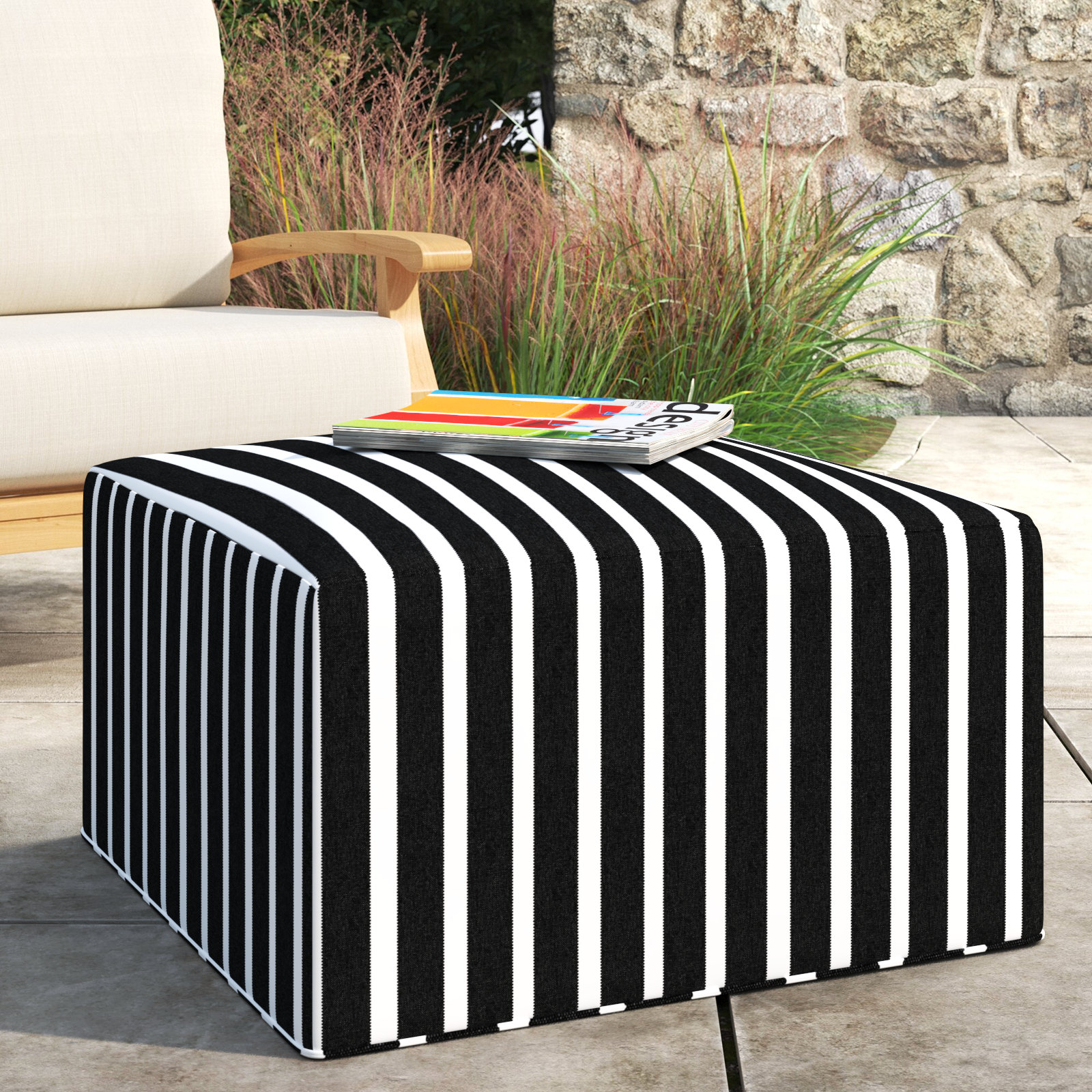 Eliana  Outdoor Ottoman, Shore Classic Black Stripe Sunbrella®