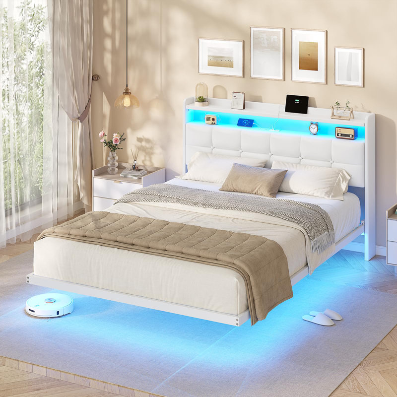 Floating Bed Frame 135×190CM /150×200CM with LED Lights & Charging Station, Metal Platform Bed frame with Upholstered Headboard, Easy Assembly,Noise Free,No Box Spring Needed,Linen