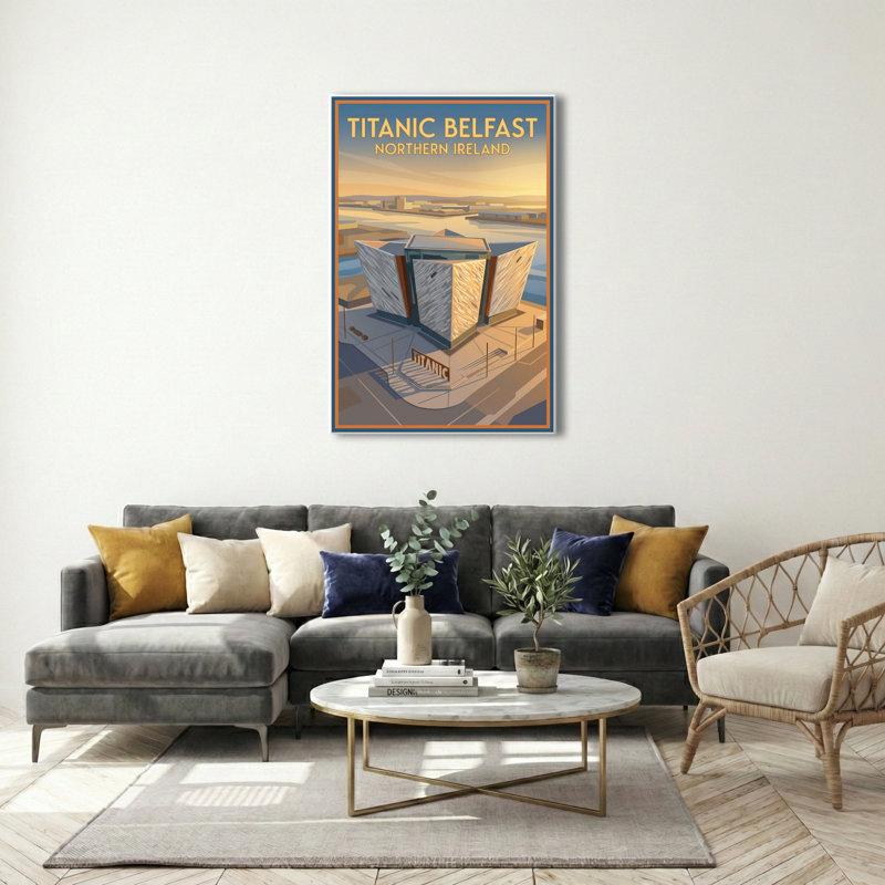Titanic Belfast, Northern Ireland - Romantic Harbour Poster Of Iconic Shipbuilding Landmark. Giclee Print On Wrapped Canvas. Wall Art, Home Decor - Iconic Buildings & Architecture, Northern Ireland - Wrapped Canvas Print