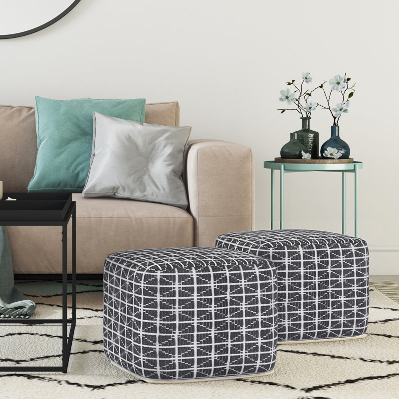 Noreen 18"W Square Hand-Woven Cotton Pouf, Slate Gray/White