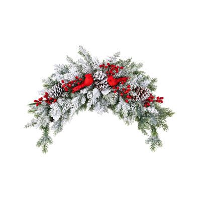 Snow Flocked Christmas Arch Swag with Red Cardinals & Red Berries, Rustic Farmhouse Mantel Swag with Pinecones, Front Door Wall Holiday Decor
