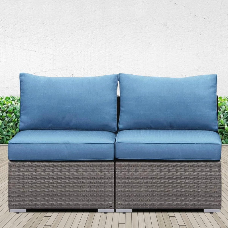 Ensemble de canapé d'extérieur sans accoudoirs en osier de 59,8 po de largeur, ensemble de causeuse de patio 2 pièces avec coussins bleus