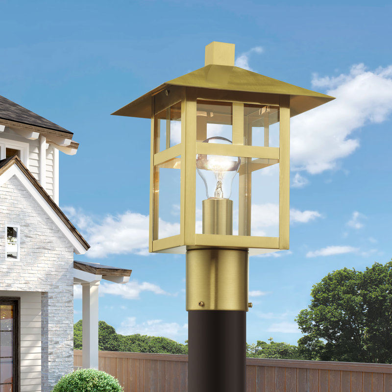 1 Light Satin Gold Large Outdoor Post Top Lantern With Clear Glass, Textured Black