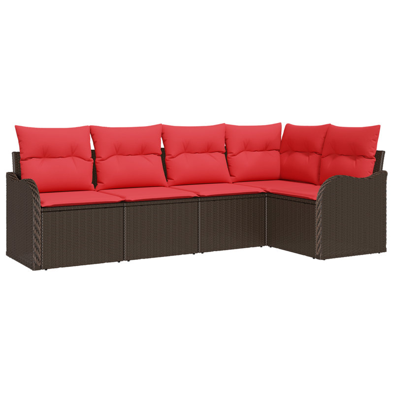 vidaXL Garden Sofa Set 5 pcs Brown Poly Rattan, Brown Frame/Red Cushion