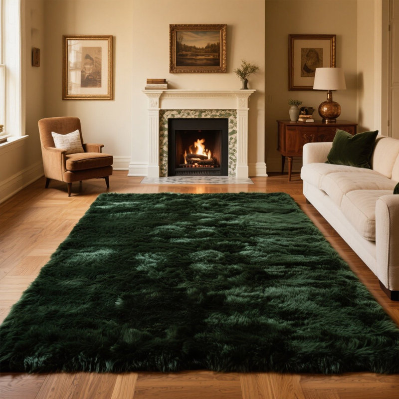Élégant tapis moelleux vert foncé moelleux, Rectangulaire 8 pi x 10 pi