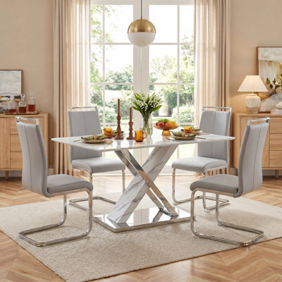 Ensemble de salle à manger 5 pièces rectangulaire moderne en faux marbre avec chaises en porte-à-faux