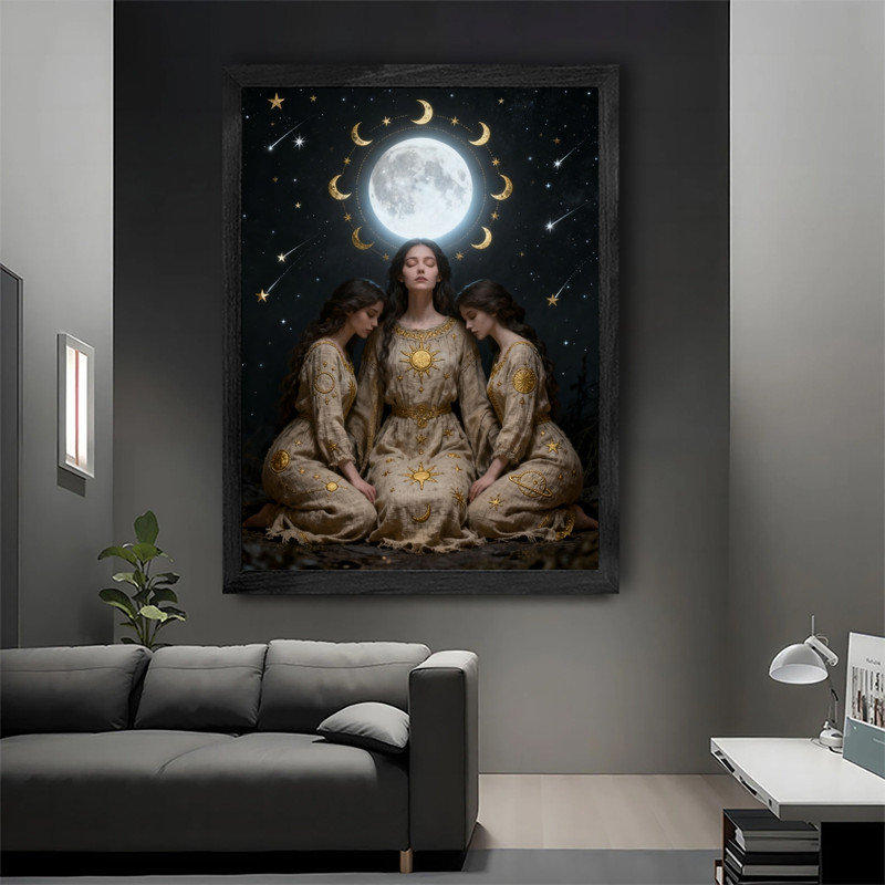 Art mural encadré noir, déesse de la lune rétro, impression de cadre mystique gothique céleste, H 17 po x l 13 po