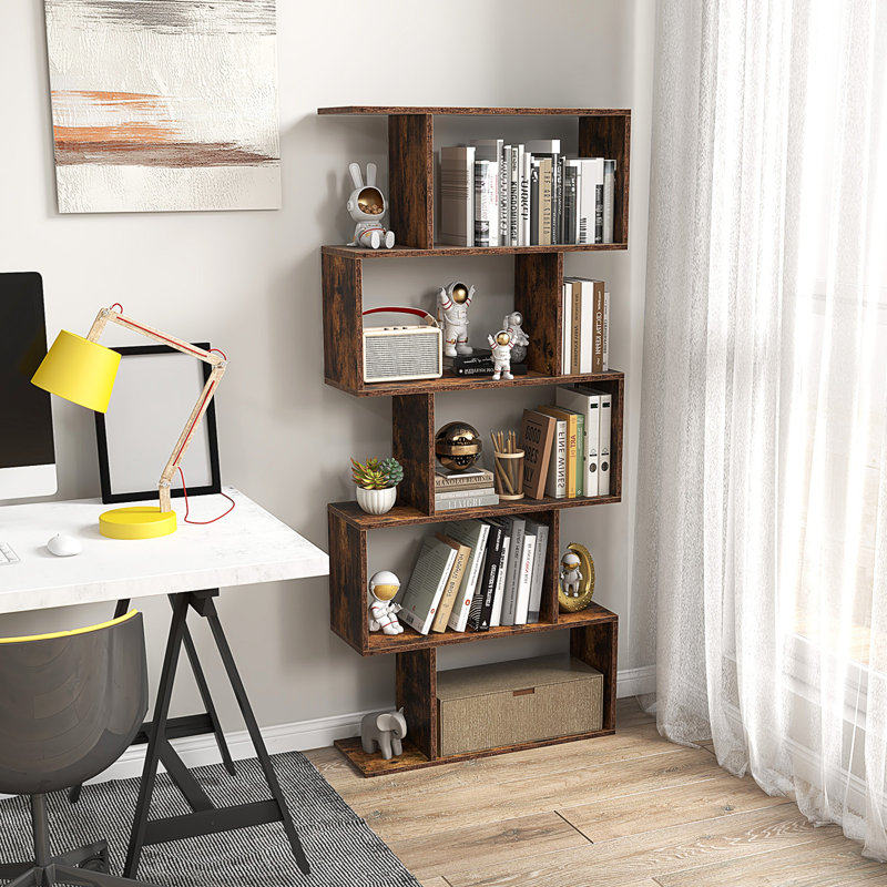 Nafeeza Geometric Bookcase, (5 Shelves) 158cm H x 70cm W x 24cm D, Brown