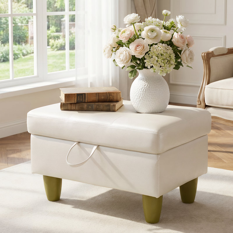 Rectangular Storage Ottoman Bench With Hinged Lid, Faux Leather Footrest For Living Room, Bedroom, Entryway, Pearl White, 28.5"X19"X17.5"